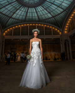 model in bridal gown at NYC Public Library