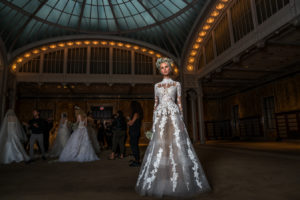 model in bridal gown at NYC Public Library