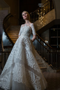model in bridal gown at Tiffany's store