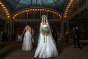model in bridal gown at the NYC Public Library