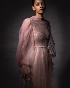 model in pink sequined dress
