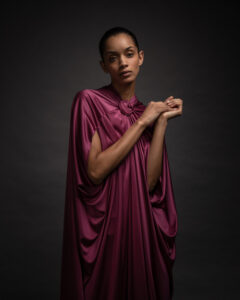 model in silk dress